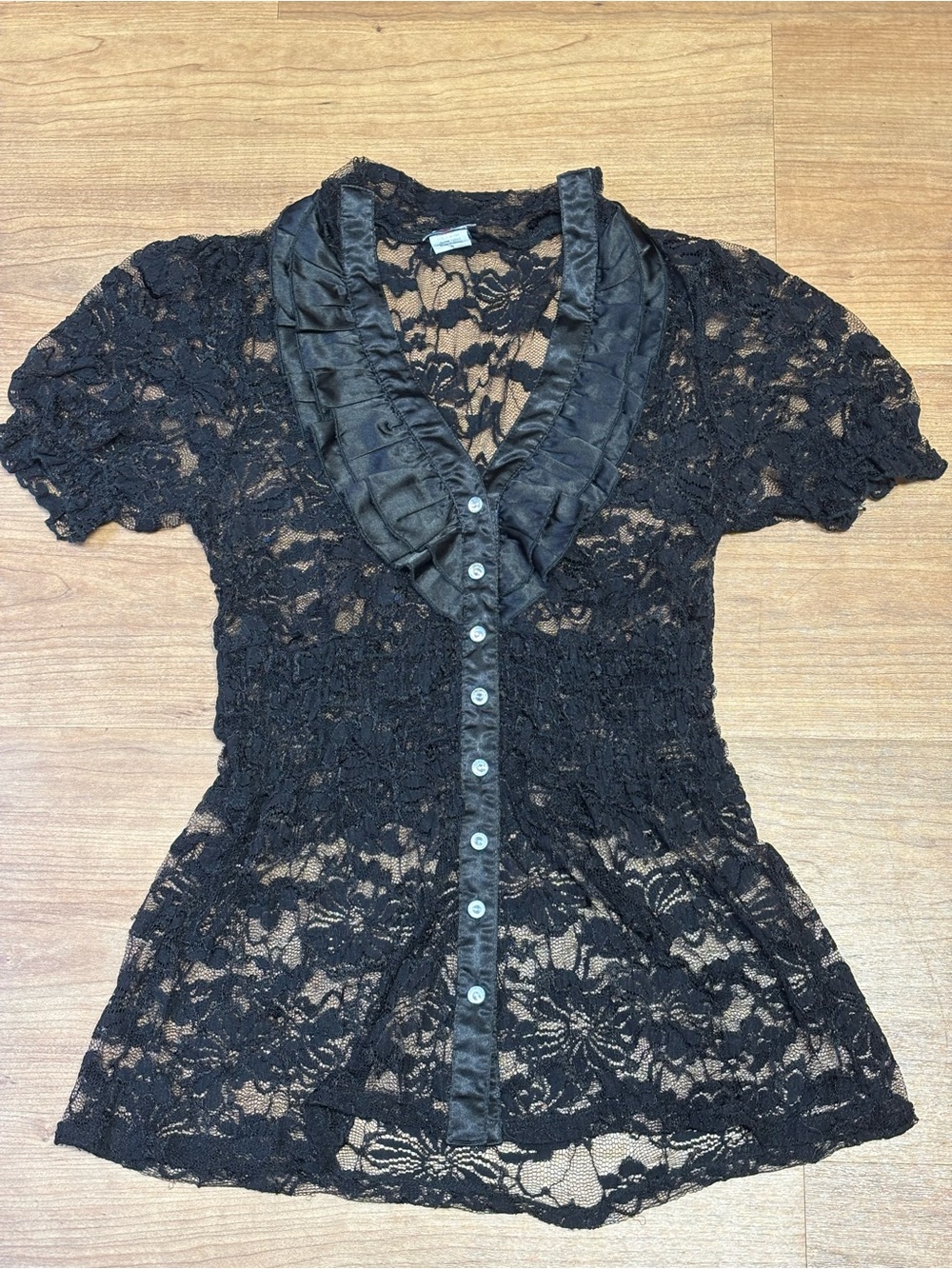 Black Lace Button-Front Women's Top with Satin Ruffle Collar